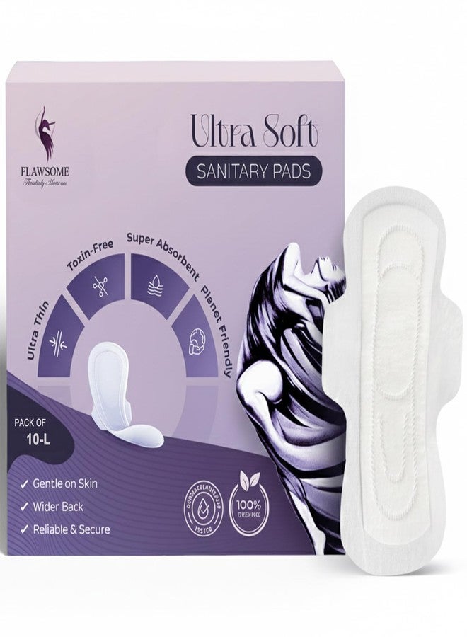 Flawsome Organic Cotton Sanitary Pads L Size | Ultra Soft Rash Free Period Pads for Women | Heavy Flow Super Absorbent, Breathable, Leakproof Wider Back | 10 Pads, L - Image 1
